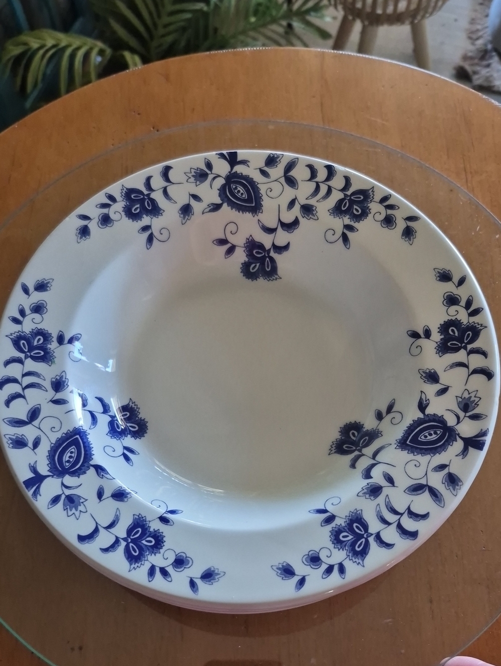Vintage Pier 1 Eliza White Ceramic Dinner Bowl with Blue Floral Border. Set Of 4